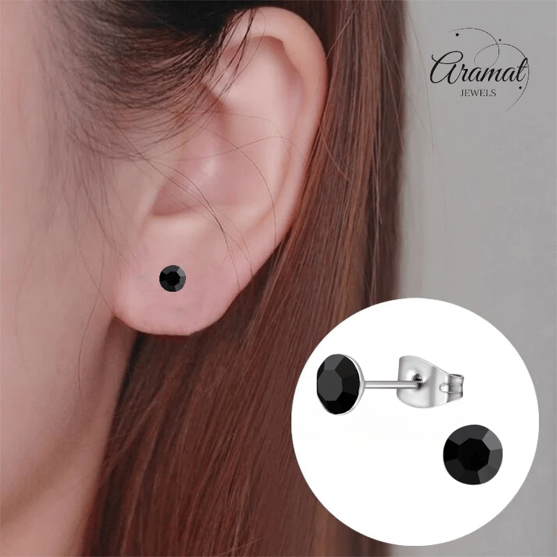 Stalen Kristal Oorbellen met zwart steentje – Zilverkleur – 5mm - Aramat Jewels - Oorbellen - cadeautip