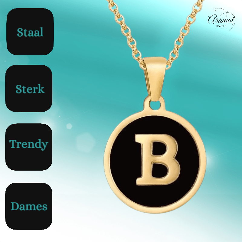 Stalen letter Ketting in goudkleur met zwart - Aramat Jewels - Halskettingen - cadeautip