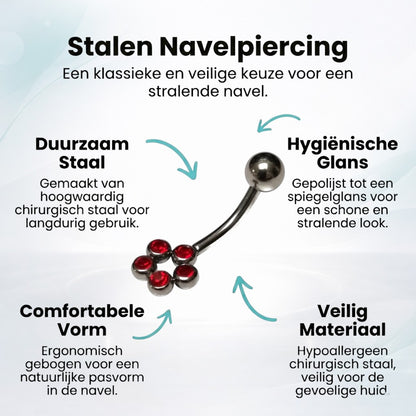 Stalen Navelpiercing met Rode Zirkonia Dots