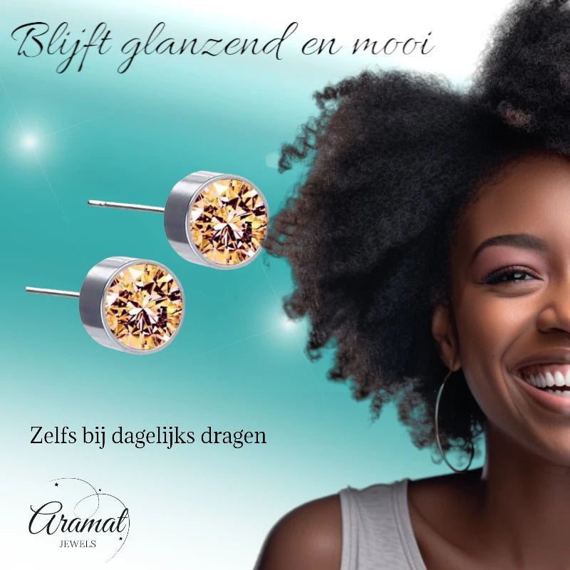 Stalen Oorbellen Champagne Kristal 6mm - oor1279 - Oorbellen kopen# - alles - cadeau