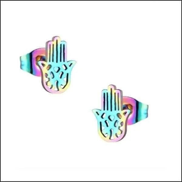 Multikleur Hamsa Oorstekers RVS – Regenboog Handje van Fatima (9x8mm)