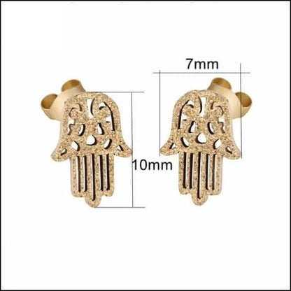 Goudkleurige Hamsa Oorstekers RVS – Handje van Fatima – Mat Sandblasted (10x7mm)