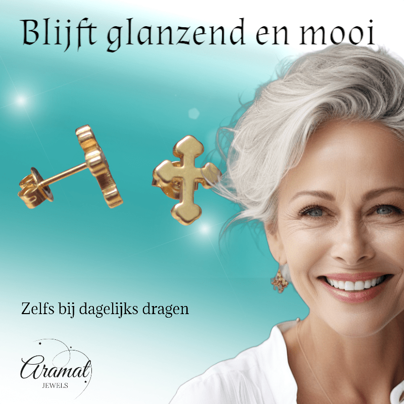 Stalen Oorbellen kruisje – Goudkleur – 11x9mm - Aramat Jewels - Oorbellen - cadeautip