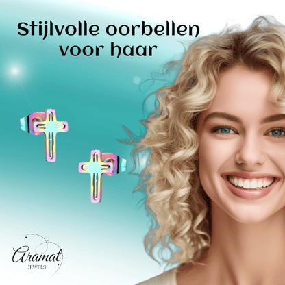 Stalen Oorbellen kruisje – Multikleur – 10x7mm - Aramat Jewels - Oorbellen - cadeautip