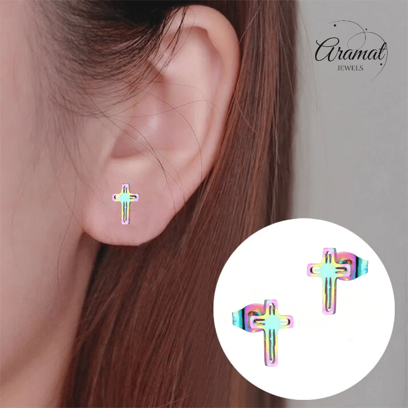 Stalen Oorbellen kruisje – Multikleur – 10x7mm - Aramat Jewels - Oorbellen - cadeautip