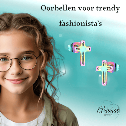 Stalen Oorbellen kruisje – Multikleur – 10x7mm - Aramat Jewels - Oorbellen - cadeautip
