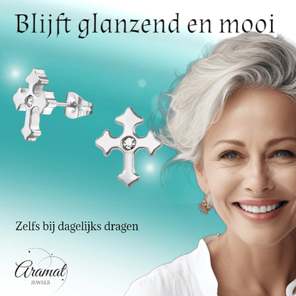 Stalen Oorbellen met kruisje met klein steentje – Zilverkleur – 12x10mm - oor3343 - 30176 - Oorbellen kopen# - 12mm - alles - cadeau