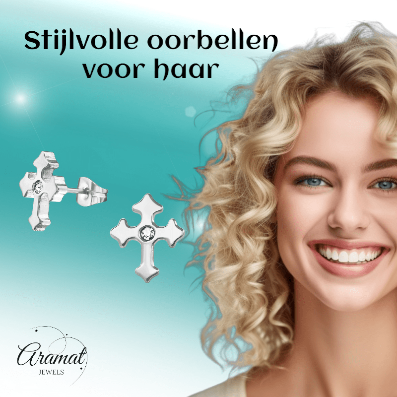 Stalen Oorbellen met kruisje met klein steentje – Zilverkleur – 12x10mm - oor3343 - 30176 - Oorbellen kopen# - 12mm - alles - cadeau