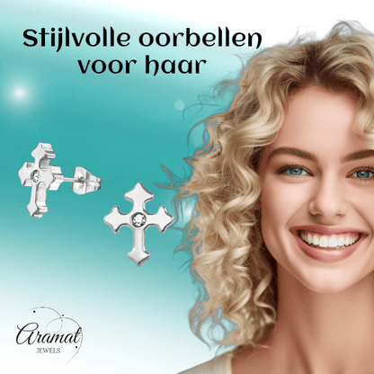 Stalen Oorbellen met kruisje met klein steentje – Zilverkleur – 12x10mm - oor3343 - 30176 - Oorbellen kopen# - 12mm - alles - cadeau
