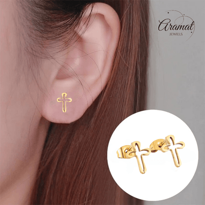 Stalen Oorbellen met open kruisje – Goudkleur – 10x8mm - Aramat Jewels - Oorbellen - cadeautip
