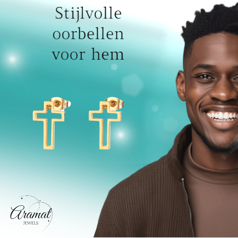 Stalen Oorbellen met opengewerkt kruisje – Goudkleur – 10x7mm - Aramat Jewels - Oorbellen - cadeautip