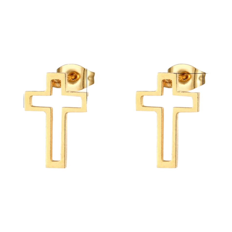 Stalen Oorbellen met opengewerkt kruisje – Goudkleur – 10x7mm - Aramat Jewels - Oorbellen - cadeautip