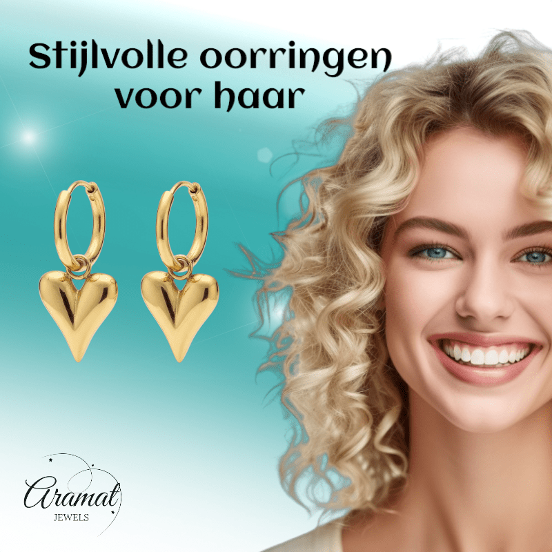 Stalen Oorringen met Hartjes bedel goudkleur - Aramat Jewels - Oorringen - cadeautip