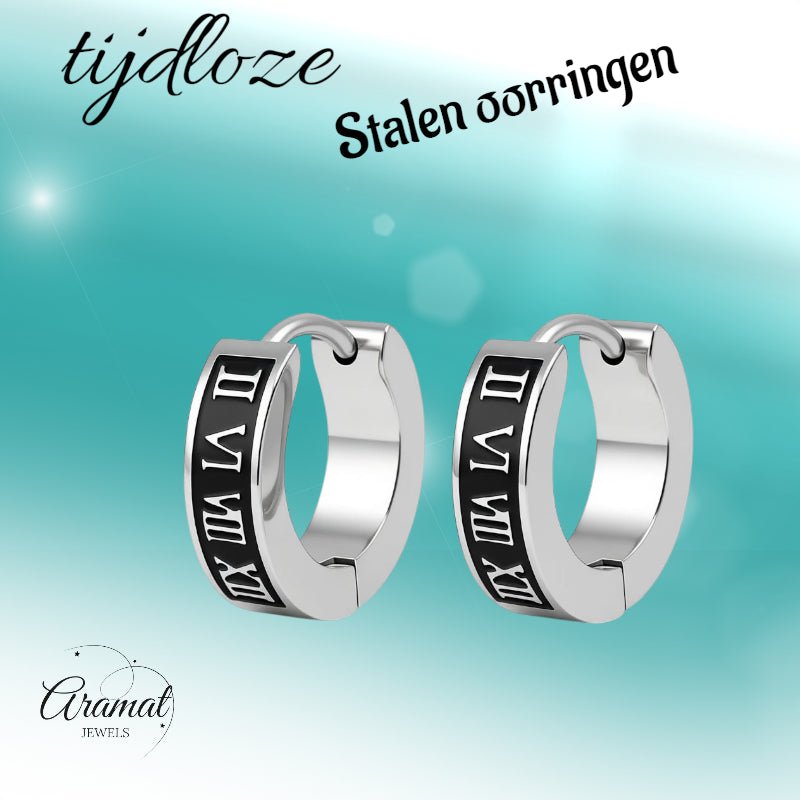 Stalen Oorringen Romeinse Cijfers 14x4mm - Aramat Jewels - Oorringen - cadeautip