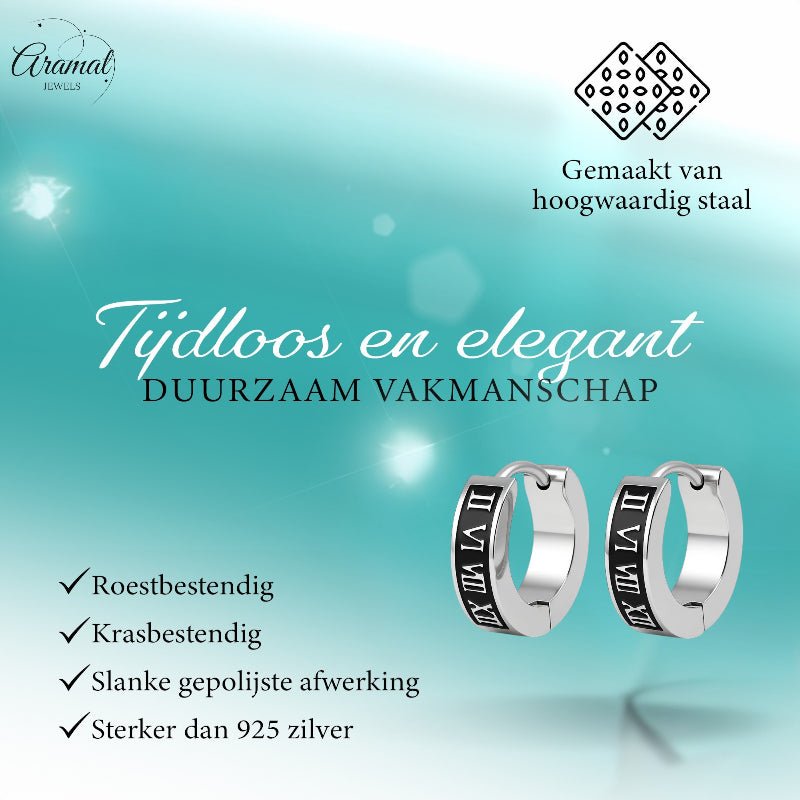 Stalen Oorringen Romeinse Cijfers 14x4mm - Aramat Jewels - Oorringen - cadeautip
