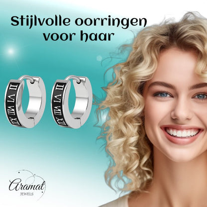 Stalen Oorringen Romeinse Cijfers 14x4mm - Aramat Jewels - Oorringen - cadeautip