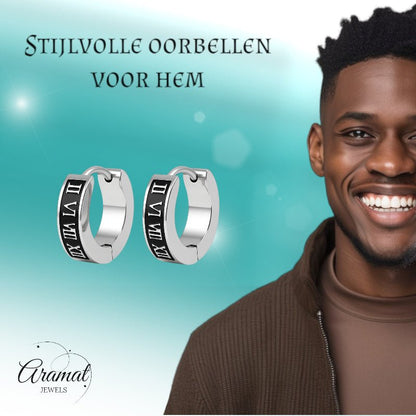 Stalen Oorringen Romeinse Cijfers 14x4mm - Aramat Jewels - Oorringen - cadeautip