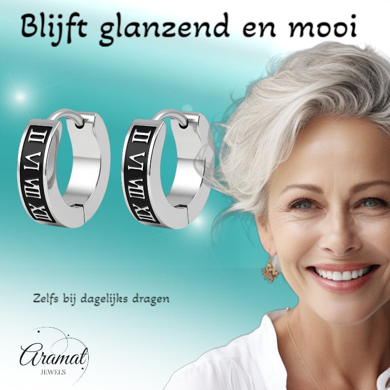 Stalen Oorringen Romeinse Cijfers 14x4mm - Aramat Jewels - Oorringen - cadeautip