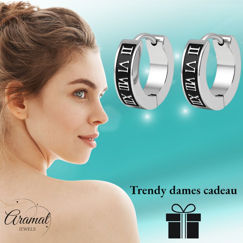 Stalen Oorringen Romeinse Cijfers 14x4mm - Aramat Jewels - Oorringen - cadeautip