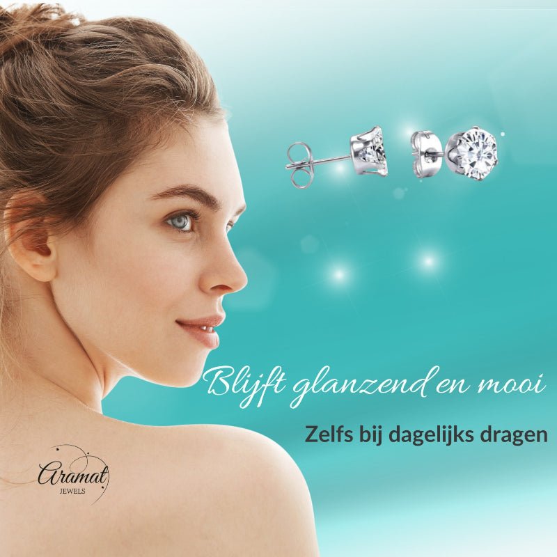 Stalen Oorstekers met Transparante Zirkonia - Rond - Aramat Jewels - Oorbellen - cadeautip