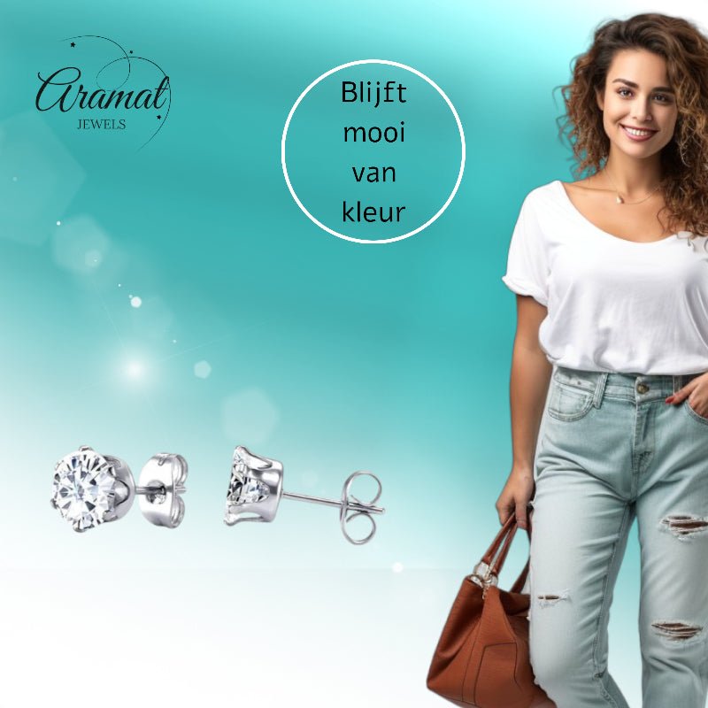 Stalen Oorstekers met Transparante Zirkonia - Rond - Aramat Jewels - Oorbellen - cadeautip
