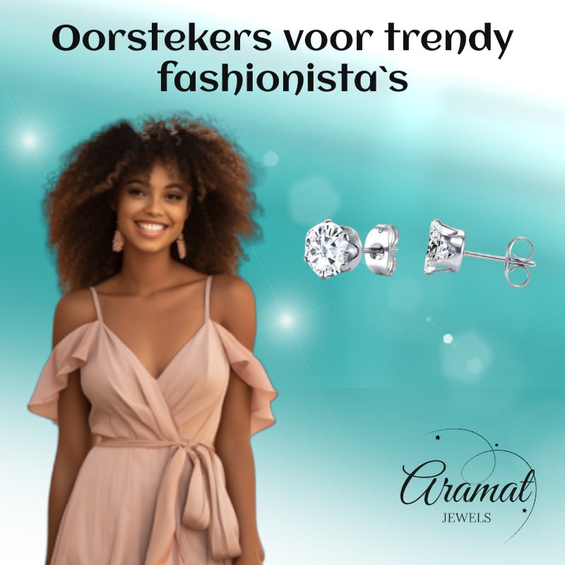 Stalen Oorstekers met Transparante Zirkonia - Rond - Aramat Jewels - Oorbellen - cadeautip