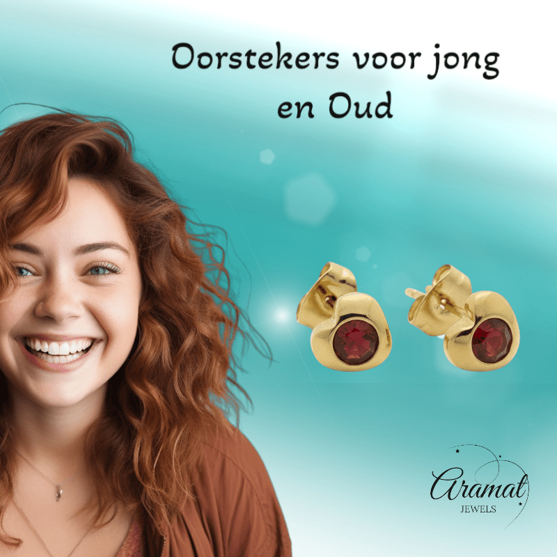 Stalen Rode Zirkonia Hart Oorbellen - Aramat Jewels - Oorbellen - cadeautip