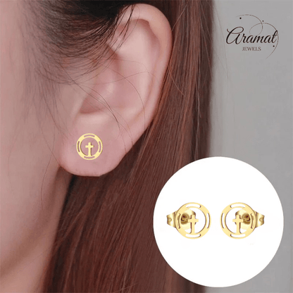 Stalen Ronde Kruis Oorbellen Goudkleur – 10mm - Aramat Jewels - Oorbellen - cadeautip