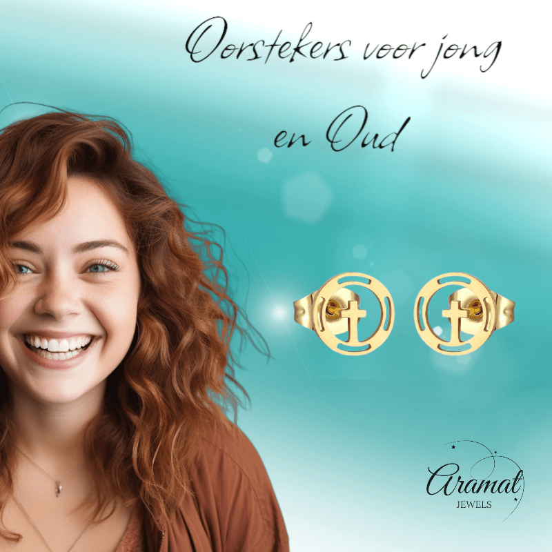 Stalen Ronde Kruis Oorbellen Goudkleur – 10mm - Aramat Jewels - Oorbellen - cadeautip