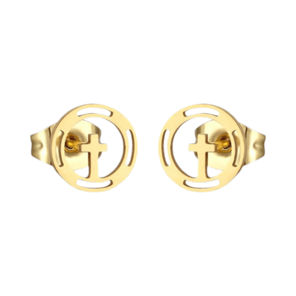 Stalen Ronde Kruis Oorbellen Goudkleur – 10mm - Aramat Jewels - Oorbellen - cadeautip