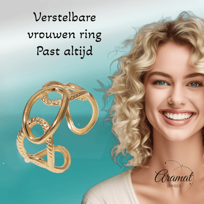 Stalen Schakelring - Verstelbaar - Stainless Steel - 10mm - ring356 - 161834 - Ringen kopen# - Goudkleur - alles - boho