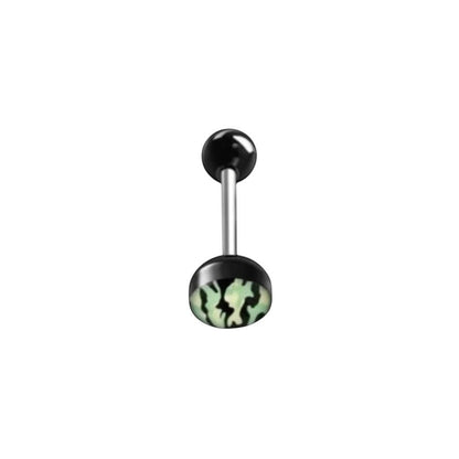 Aramat Jewels camouflage print tongue barbell with black balls and green/black pattern. Made of acrylic and surgical steel.