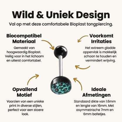 Een set van zes zwarte en groene nep-tongringen met luipaardprint