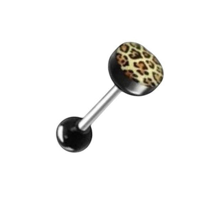 Aramat Jewels steel tongue piercing with black acrylic balls and a leopard print design on the bottom ball.