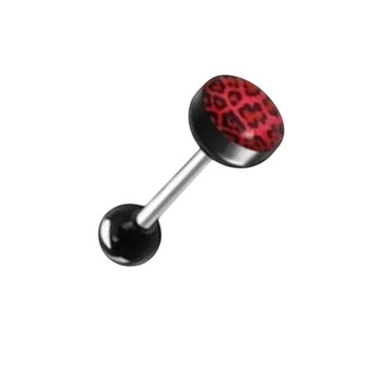 Aramat Jewels steel tongue piercing with black acrylic balls and a red leopard print design on the bottom ball.