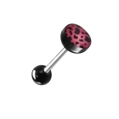 Aramat Jewels steel tongue piercing with black top ball and pink leopard print acrylic bottom ball.