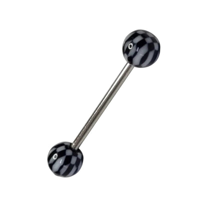 Aramat Jewels steel tongue piercing with black and white checkered acrylic balls.