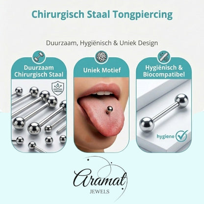 Aramat Jewels surgical steel tongue piercing with white and green checkered acrylic balls.