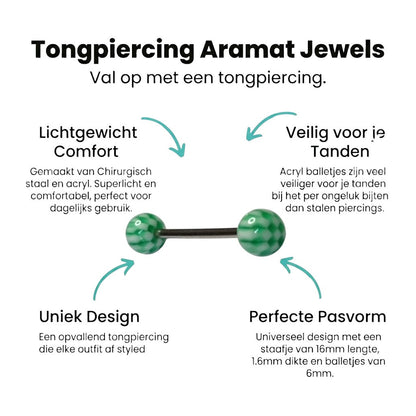 Aramat Jewels steel tongue piercing with white and green checkered acrylic balls.