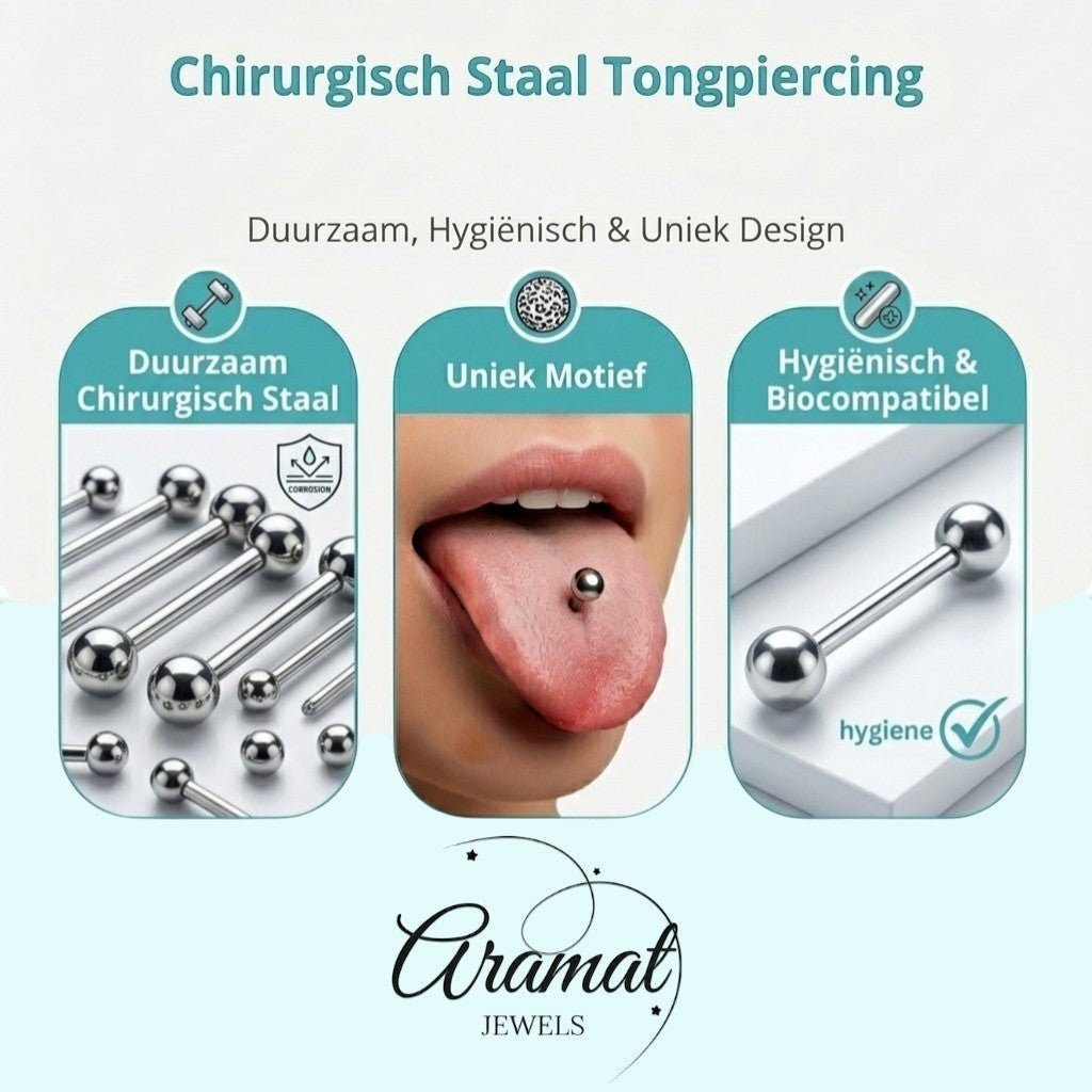 Aramat Jewels steel tongue piercing with acrylic yin yang balls in white, black, and red. Durable and hygienic.