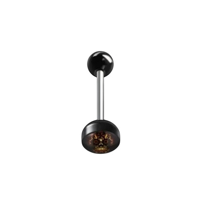 Aramat Jewels surgical steel tongue piercing with black acrylic logo featuring a skull design. 16mm length, 1.6mm gauge.