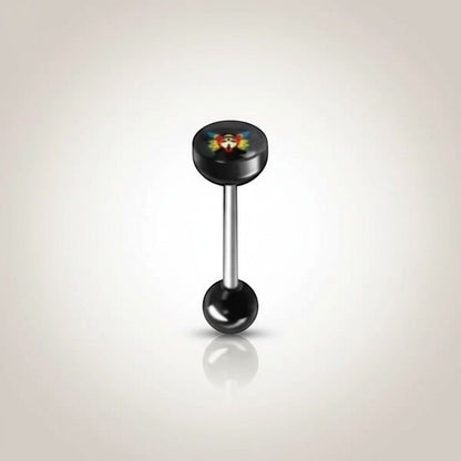Aramat Jewels black surgical steel tongue piercing with colorful clown logo, 16mm length.
