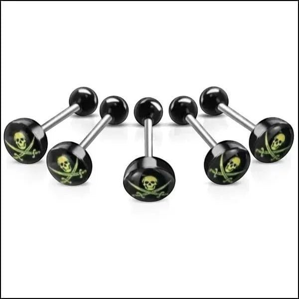 Aramat Jewels surgical steel tongue piercing with black acrylic logo featuring a yellow skull and crossbones.