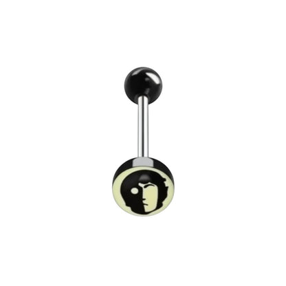 Aramat Jewels surgical steel tongue piercing with black acrylic logo and black ball ends. 16mm length, 1.6mm gauge.