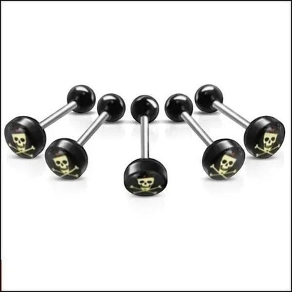 Aramat Jewels surgical steel tongue piercing with black acrylic skull and crossbones logo. 16mm length, 1.6mm gauge.