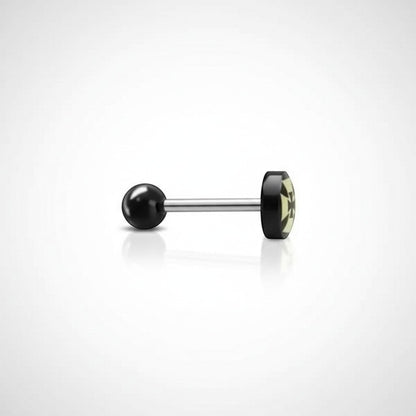 Aramat Jewels surgical steel tongue piercing with black acrylic balls and a black and yellow cross logo.