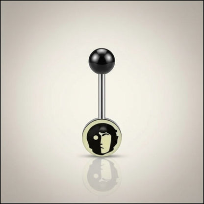 Aramat Jewels surgical steel tongue piercing with black acrylic logo and black ball ends. 16mm length, 1.6mm gauge.