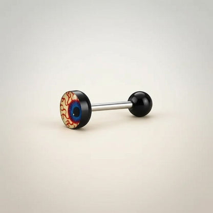 Aramat Jewels surgical steel tongue piercing with a realistic eyeball acrylic logo. Features black balls and a 16mm bar.