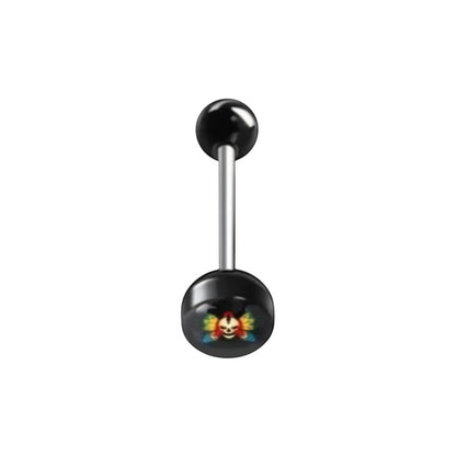 Aramat Jewels surgical steel tongue piercing with black acrylic logo featuring a colorful clown face design.