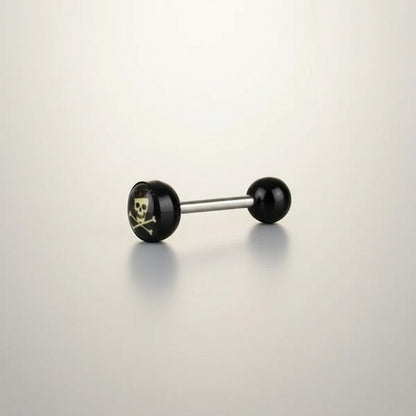 Aramat Jewels surgical steel tongue piercing with black acrylic skull and crossbones logo. 16mm length, 1.6mm gauge.